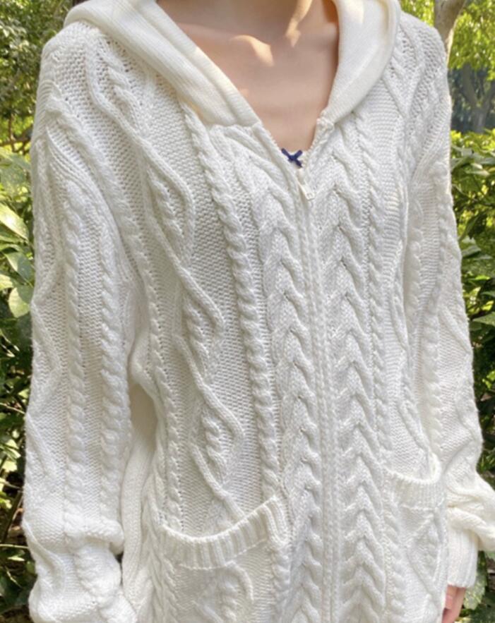 White hooded cable-knit sweater