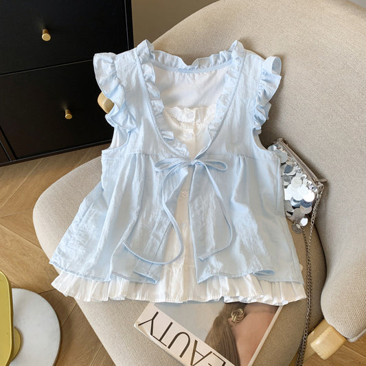 Aesthetic Ruffled V-Neck Fake Two Piece Blouse - fairypeony