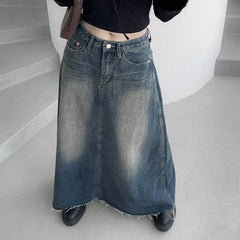 Washed Vintage Long Denim Skirt
