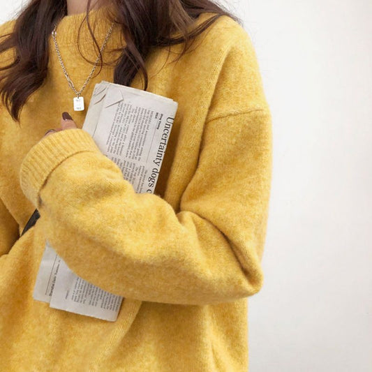 Vintage Solid Color Round Neck Long Sleeve Sweater