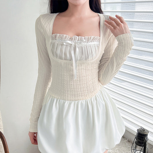 Lace Patchwork Bow Long Sleeve Knot Tee