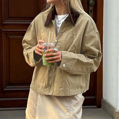 Retro Contrast Collar Zipper Jacket