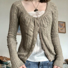 Twist-Knit Button Cardigan with U-Neck
