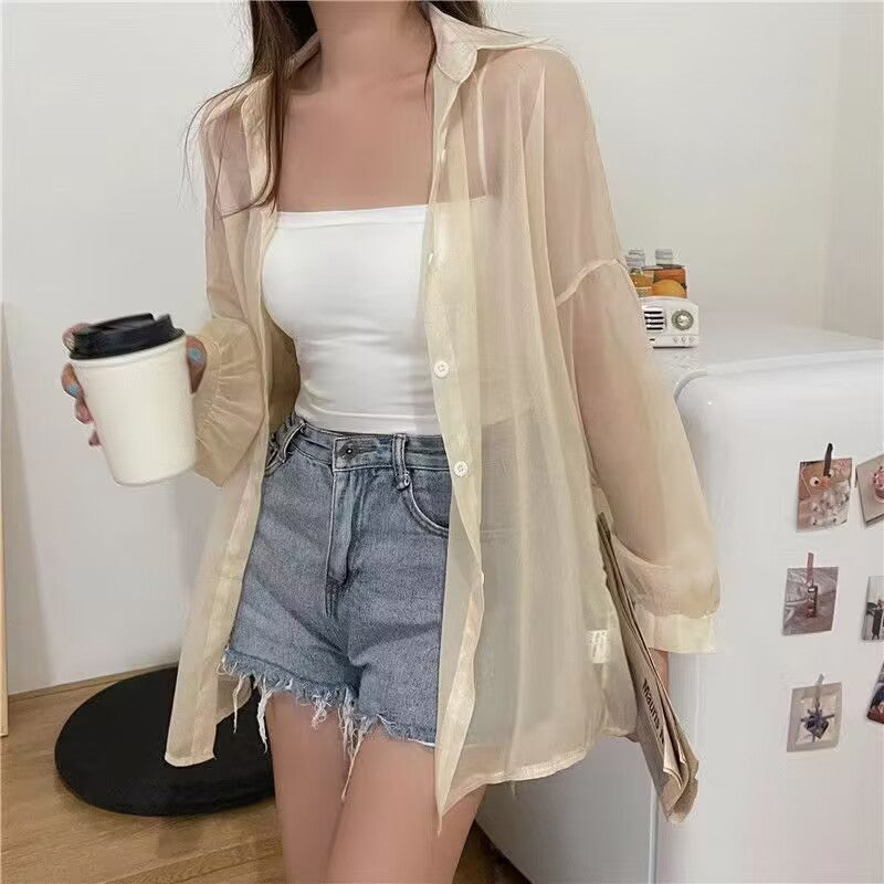 Solid Color Thin Oversized Long Sleeve Blouse - fairypeony
