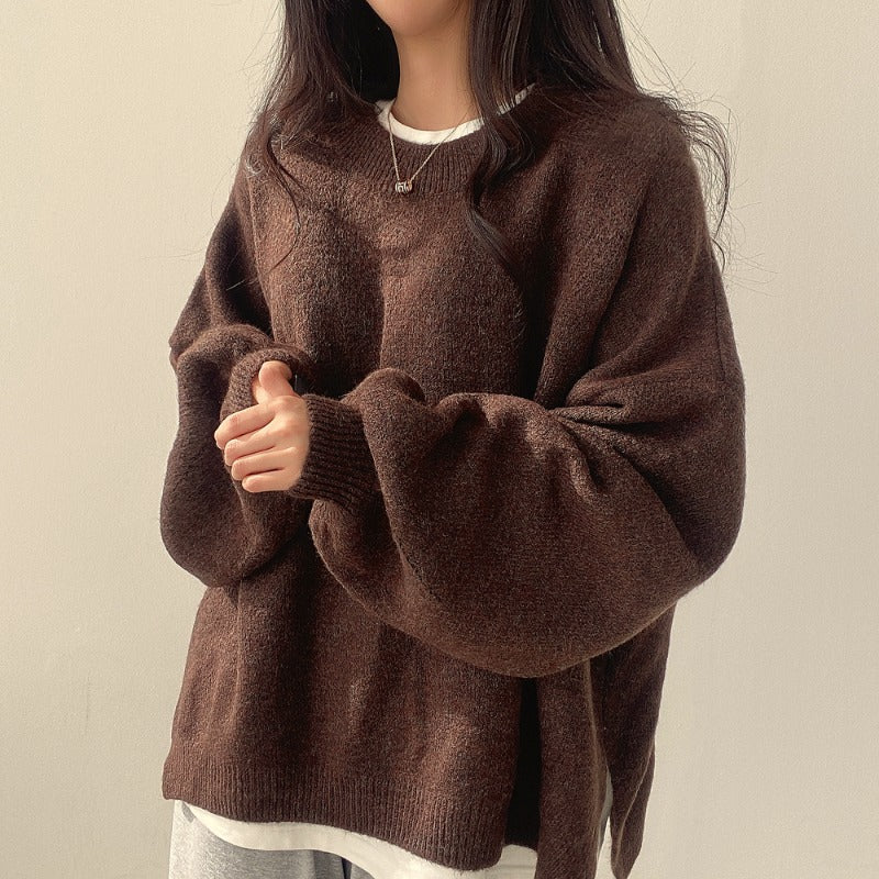 Oversized Split Hem Pullover Sweater - fairypeony