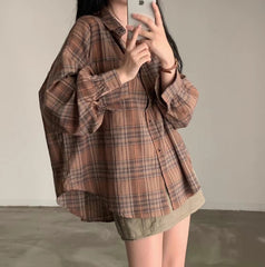 Vintage Plaid Print Loose Long Sleeve Blouse