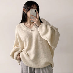 V-Neck Solid Color Oversized Loose Sweater