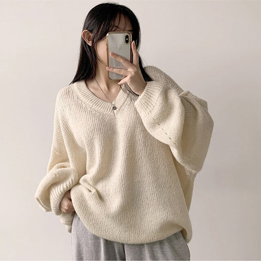 V-Neck Solid Color Oversized Loose Sweater