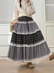Plaid Lace Patchwork Midi A-Line Skirt – Mori Girl Elastic Waist Dress