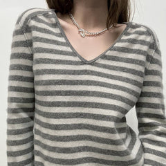 V-Neck Striped Loose Knitted Tee - fairypeony