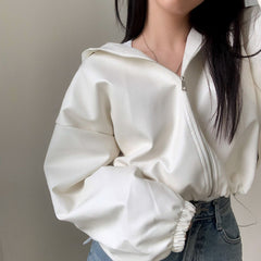 Solid Color Crop Pu Leather Hooded Jacket