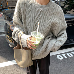 Solid Color Cable Knit Pullover Sweater - fairypeony
