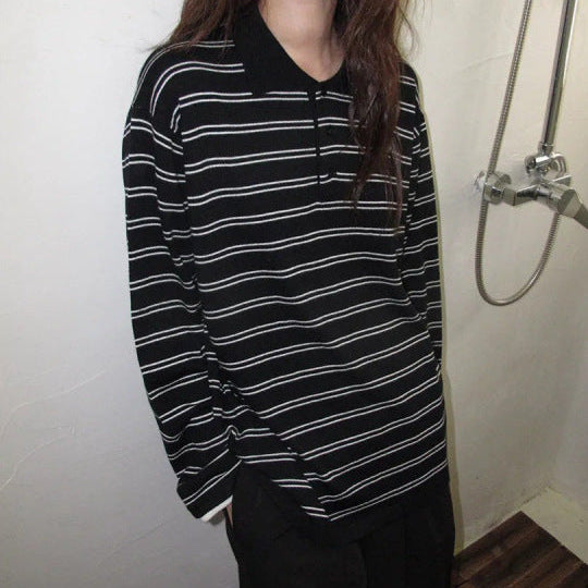 Retro Color-Block Striped Polo Collar Long Sleeve Knit Top – Viscose Flying Sleeve Pullover - fairypeony