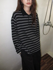 Women's Retro Color-Block Striped Polo Collar Long Sleeve Knit Top