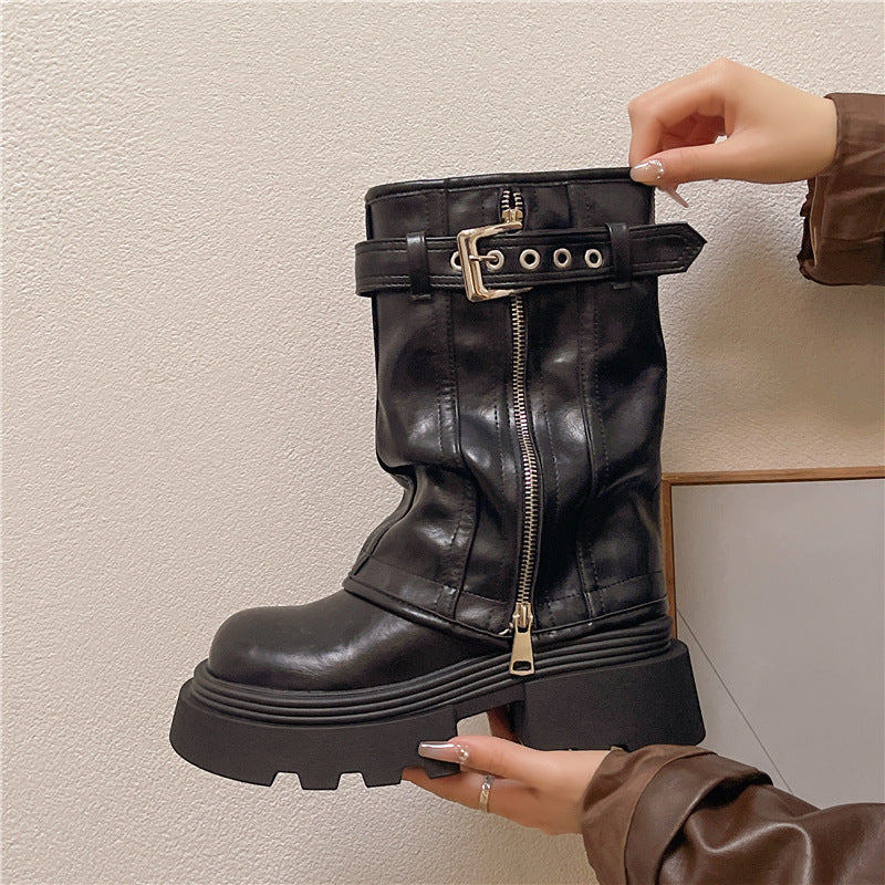 Autumn And Winter British Style Retro Denim Western Knight Boots Small Raise The Bottom Chunky Heel