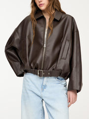 Womens Vintage Faux Leather Jacket with Belt