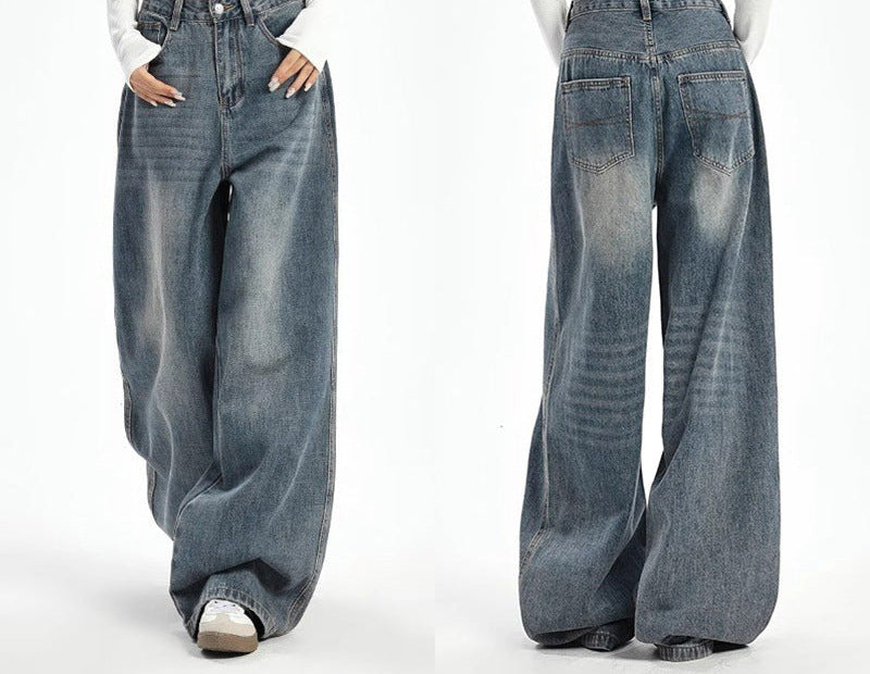 Plus size high-waist wide-leg jeans in vintage blue, front and back view