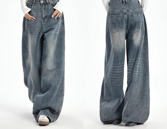 Plus size high-waist wide-leg jeans in vintage blue, front and back view