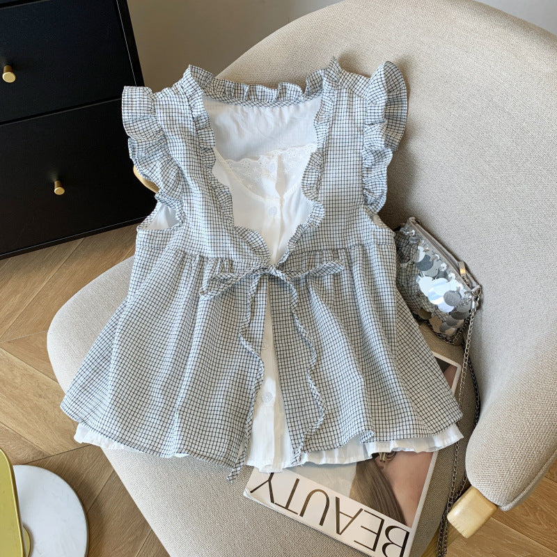 Aesthetic Ruffled V-Neck Fake Two Piece Blouse - fairypeony
