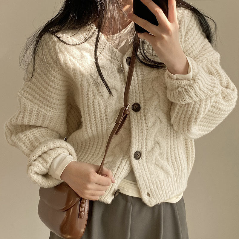 Solid V Neck Puff Sleeve Cable Knit Cardigan - fairypeony