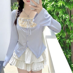 Aesthetic Bow Patchwork Long Sleeve Tee