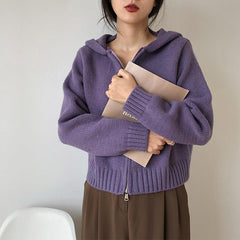 Solid Color Zip Up Hooded Knitted Cardigan - fairypeony