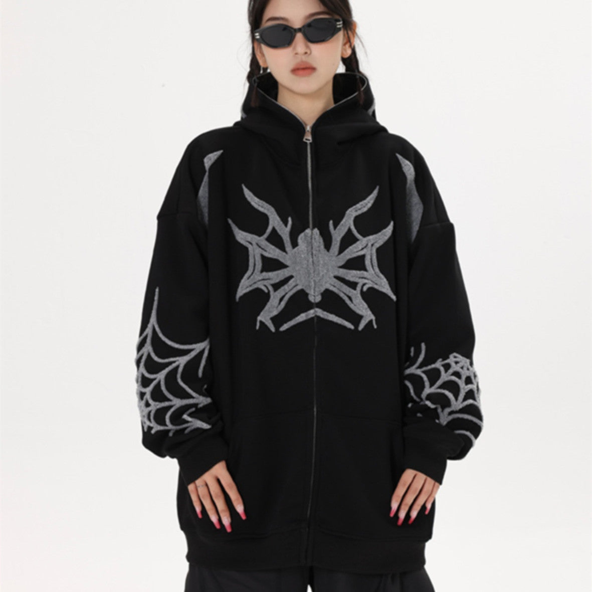 Embroidery Punk Spider Zip Up Hoodie - fairypeony