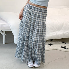 Aesthetic Plaid Print Umbrella Maxi Skirt