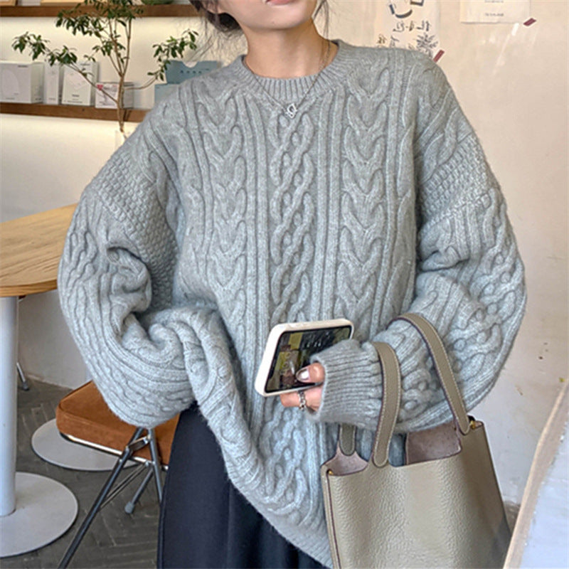 Solid Color Cable Knit Pullover Sweater - fairypeony