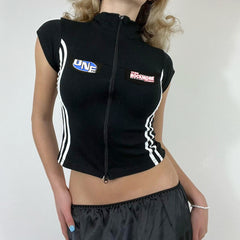 Lapel Collar Contrast Zip Short Sleeve Tee - fairypeony
