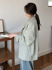 Stand Collar Long-Sleeve Coat – Snap Button Washed Cotton Jacket in 3 Colours