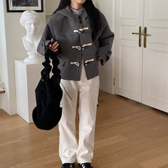 Vintage Duffle Button Hooded Wool Coat