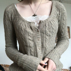 Twist-Knit Button Cardigan with U-Neck