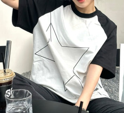 Star Print Raglan Short Sleeve Oversized Tee