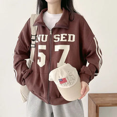 Vintage Number Print Oversized Zip Up Jacket