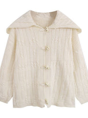 Solid Cable Knit Horn Buckle Hooded Cardigan - fairypeony