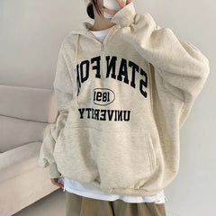 Vintage Half Zip Up Letter Print Oversized Hoodie