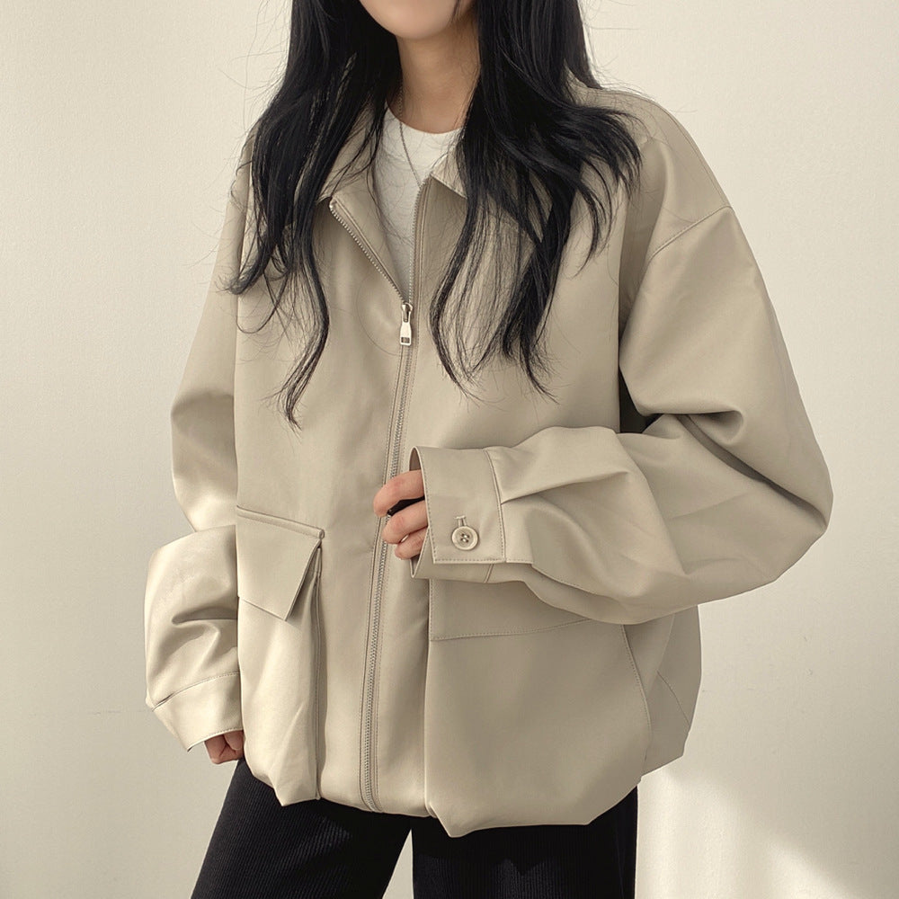 Chic Lapel Double Pocket Leather Jacket