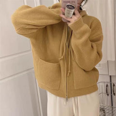 Solid Hooded Zip Up Knit Cardigan