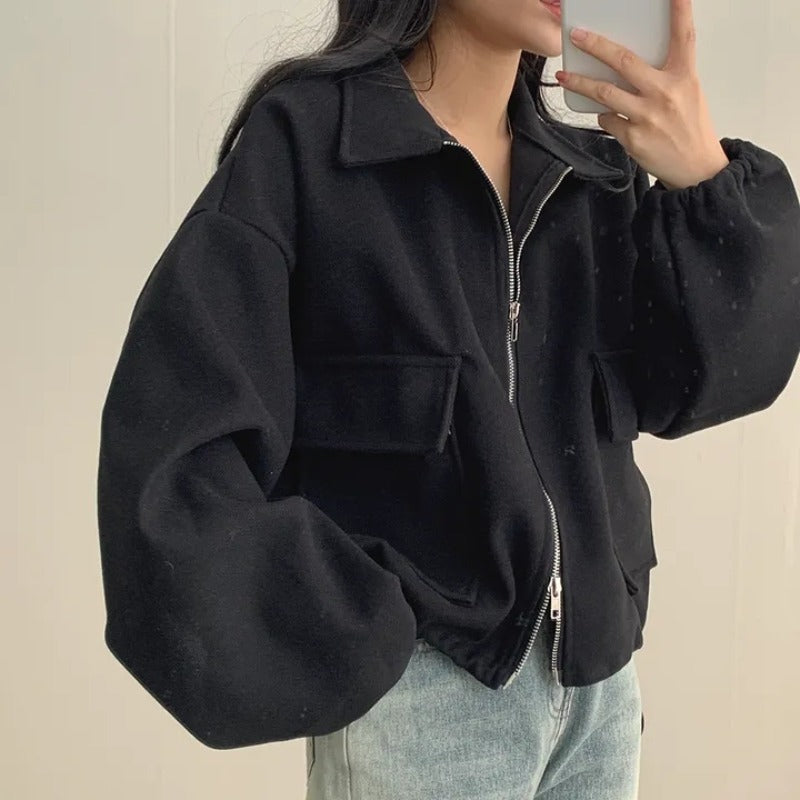 Solid Color Loose Double Pocket Wool Jacket - fairypeony