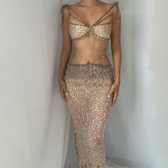 Sequin Strappy Knit Tank Top Tulle Skirt Suit - fairypeony