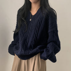 Dark Academia Cable Knit V-Neck Sweater