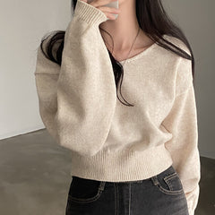 Solid Color V-Neck Cropped Sweater