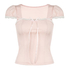 Lace Trim Bow Square Neck Tee