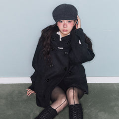 Womens Double Breasted Wool Blend Coat with Hood