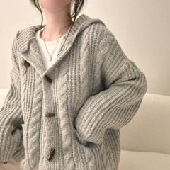 Over Fit Hooded Cable Knit Cardigan – Thick Chunky Button-Front Sweater Coat with Pockets in Cream & Gray (One Size)