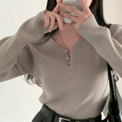 Solid Color V-Neck Knitted Slim Tee