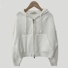 Solid Color Hooded Zip Up Knitted Crop Cardigan