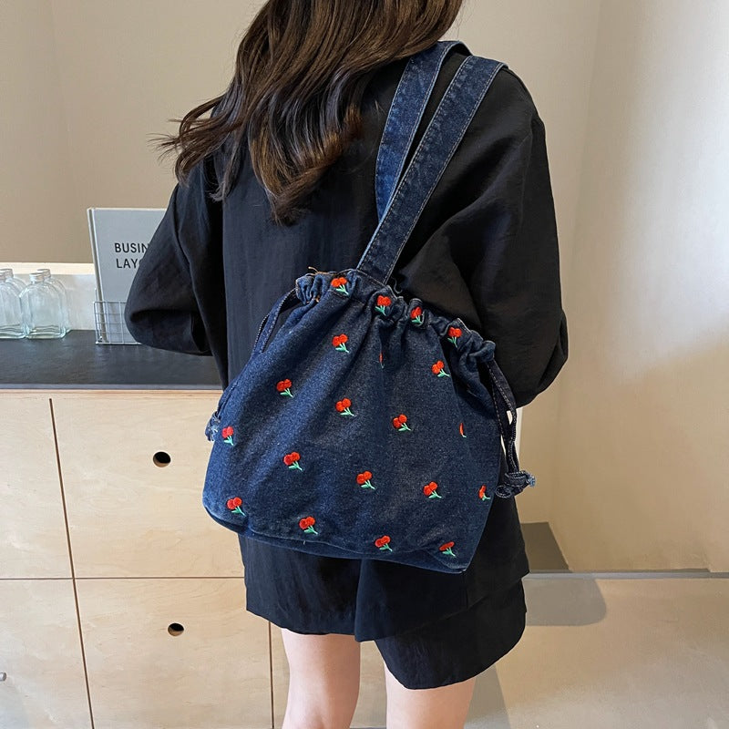 Cherry Embroidery Denim Shoulder Bag - fairypeony