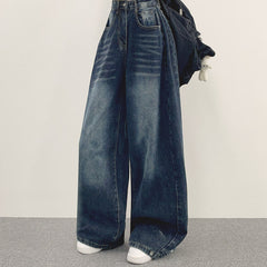 High waist wide-leg vintage washed jeans in dark blue, front view